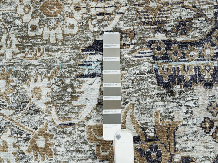 11'9" x 18'1" New Hand Knotted Grey Wool & Silk Rectangle Oriental Rug - MOA10265179