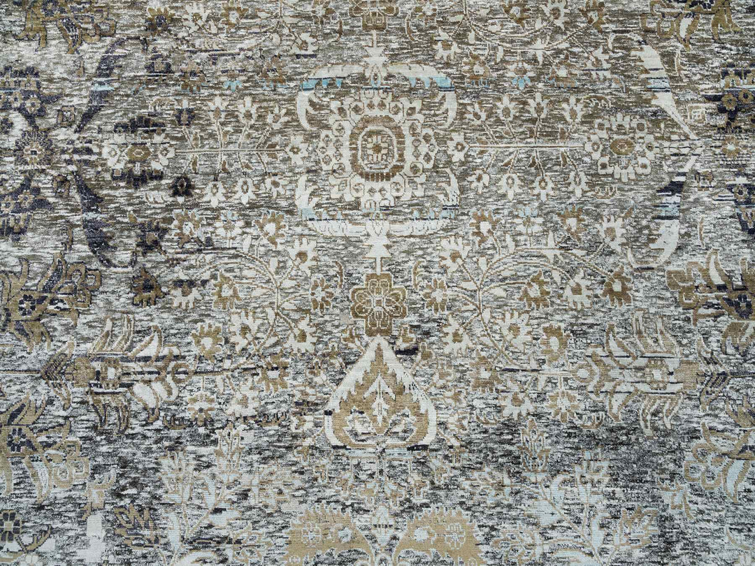11'9" x 18'1" New Hand Knotted Grey Wool & Silk Rectangle Oriental Rug - MOA10265179