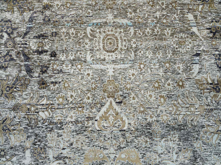 11'9" x 18'1" New Hand Knotted Grey Wool & Silk Rectangle Oriental Rug - MOA10265179