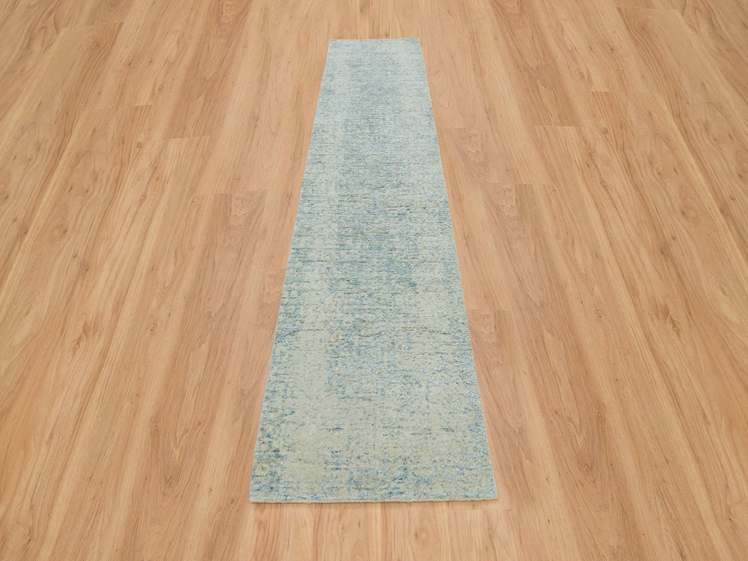 2'6" x 12'0" New Hand Loomed Grey Wool & Silk Runner Oriental Rug - MOA10265193