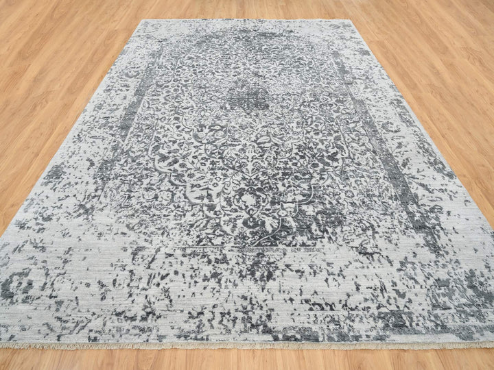 9'10" x 14'0" New Hand Knotted Grey Wool & Silk Rectangle Oriental Rug - MOA10265206