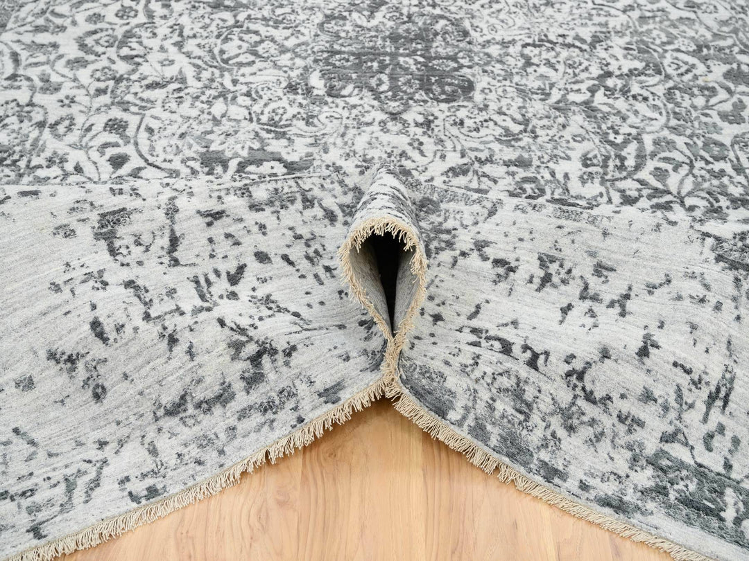 9'10" x 14'0" New Hand Knotted Grey Wool & Silk Rectangle Oriental Rug - MOA10265206