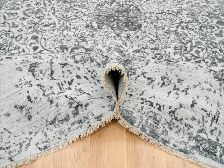 9'10" x 14'0" New Hand Knotted Grey Wool & Silk Rectangle Oriental Rug - MOA10265206