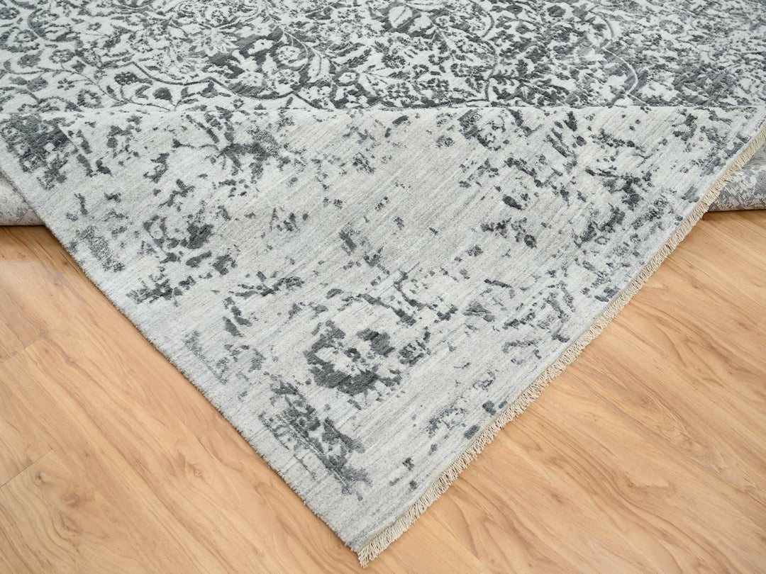 9'10" x 14'0" New Hand Knotted Grey Wool & Silk Rectangle Oriental Rug - MOA10265206