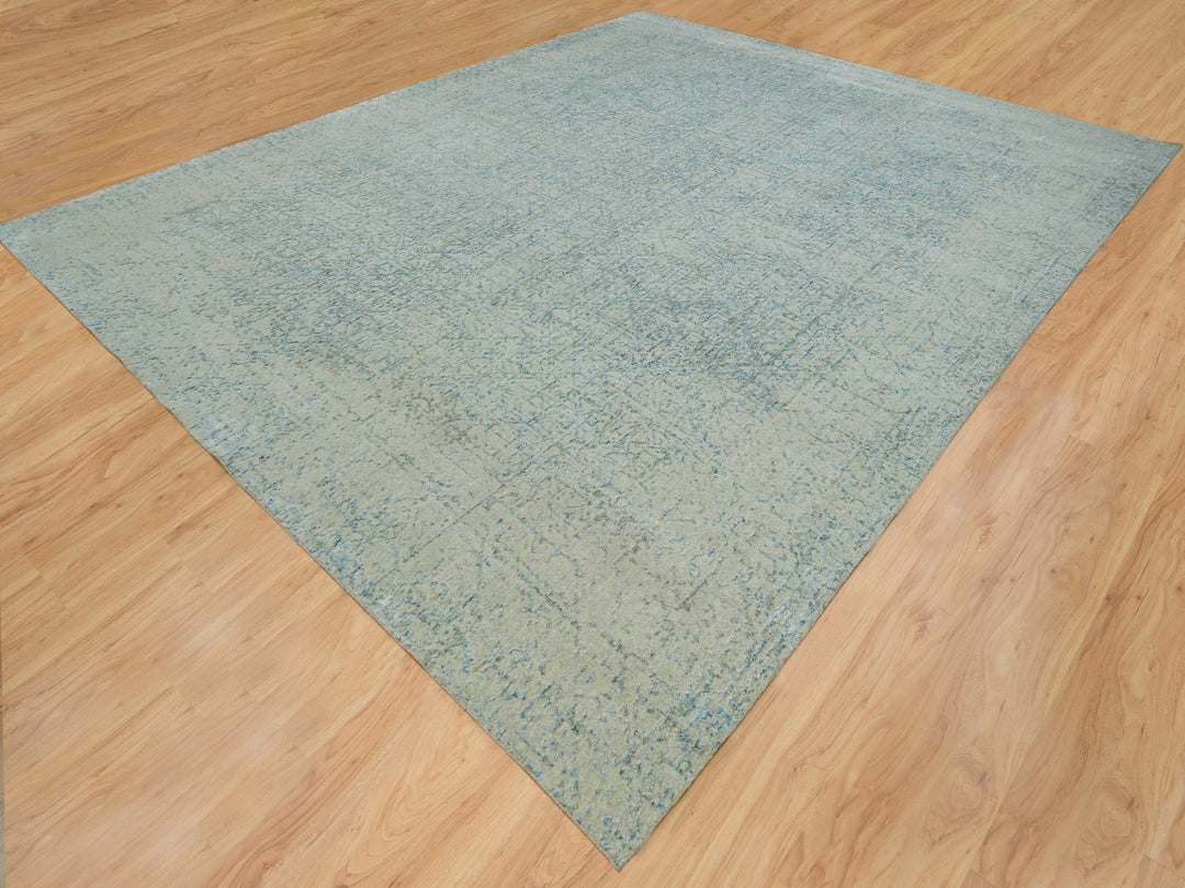 12'0" x 14'9" New Hand Loomed Grey Wool & Silk Rectangle Oriental Rug - MOA10265211