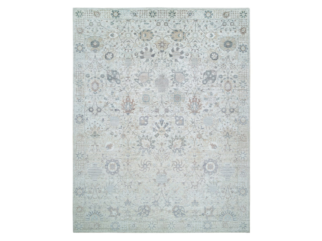 12'0" x 15'5" New Hand Knotted Ivory Wool & Silk Rectangle Oriental Rug - MOA10265683