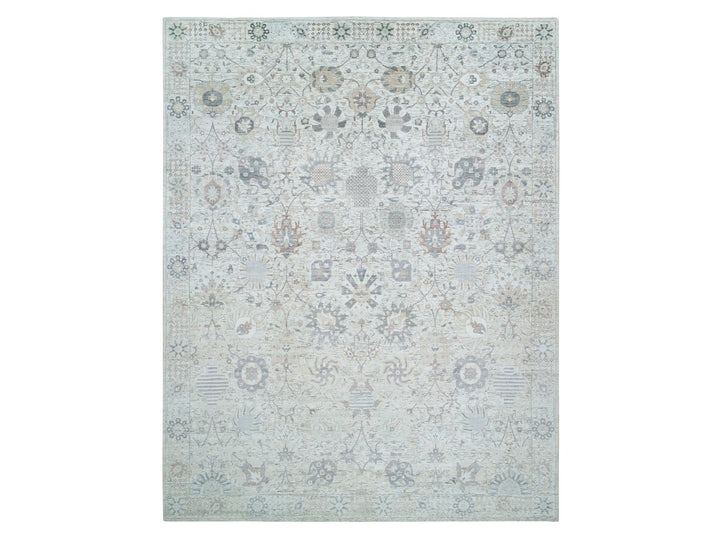 12'0" x 15'5" New Hand Knotted Ivory Wool & Silk Rectangle Oriental Rug - MOA10265683