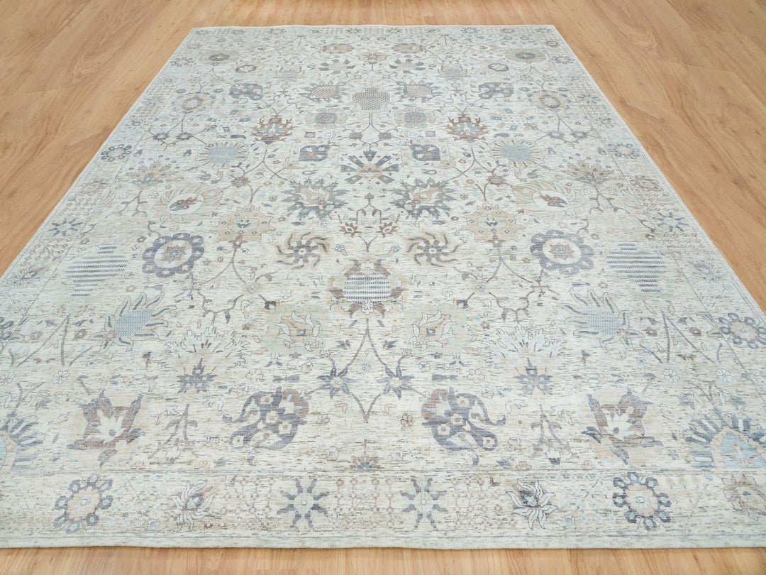 12'0" x 15'5" New Hand Knotted Ivory Wool & Silk Rectangle Oriental Rug - MOA10265683