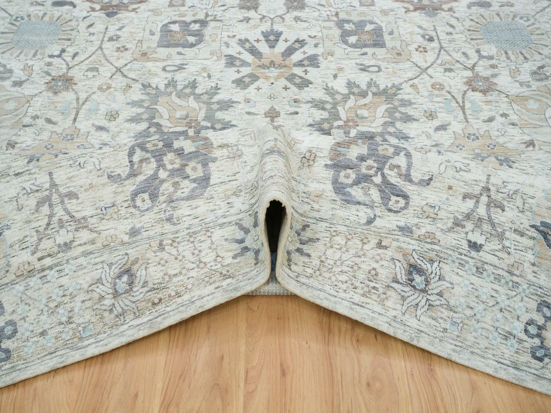 12'0" x 15'5" New Hand Knotted Ivory Wool & Silk Rectangle Oriental Rug - MOA10265683