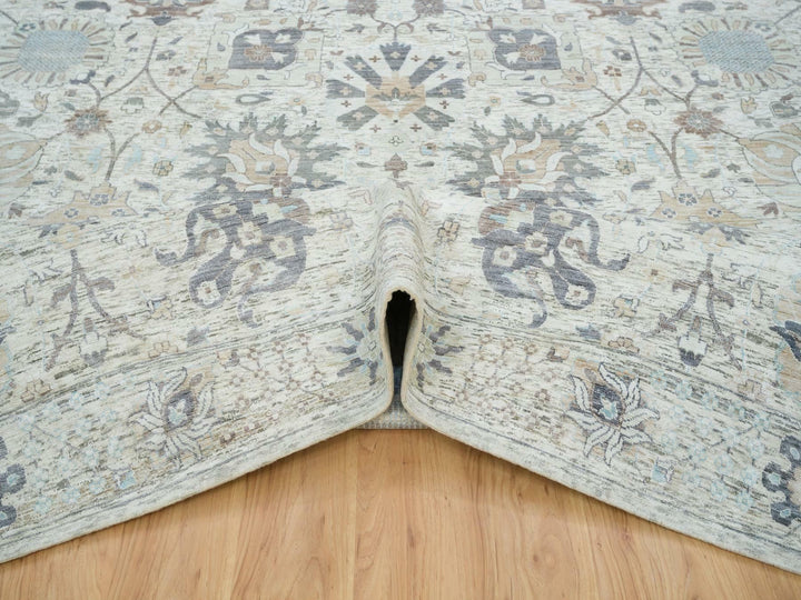 12'0" x 15'5" New Hand Knotted Ivory Wool & Silk Rectangle Oriental Rug - MOA10265683