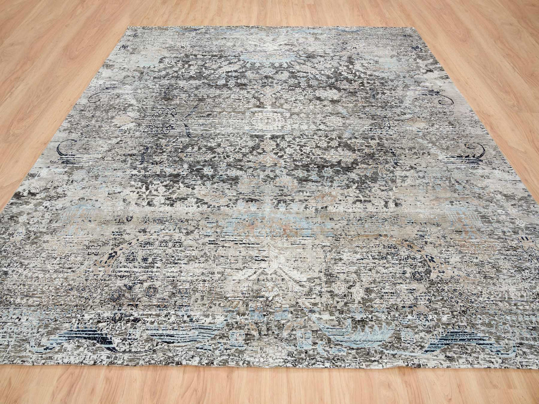 11'9" x 12'3" New Hand Knotted Grey Wool & Silk Square Oriental Rug - MOA10265689