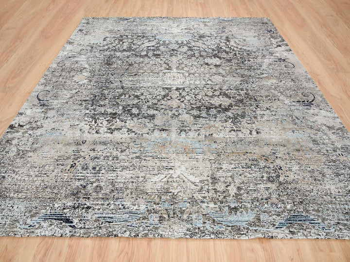 11'9" x 12'3" New Hand Knotted Grey Wool & Silk Square Oriental Rug - MOA10265689