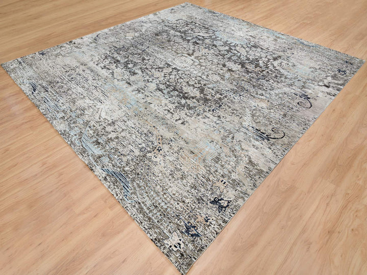11'9" x 12'3" New Hand Knotted Grey Wool & Silk Square Oriental Rug - MOA10265689