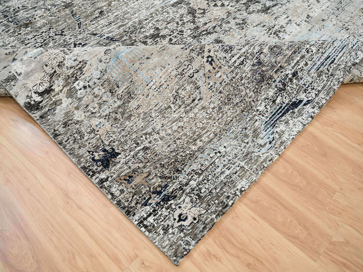 11'9" x 12'3" New Hand Knotted Grey Wool & Silk Square Oriental Rug - MOA10265689