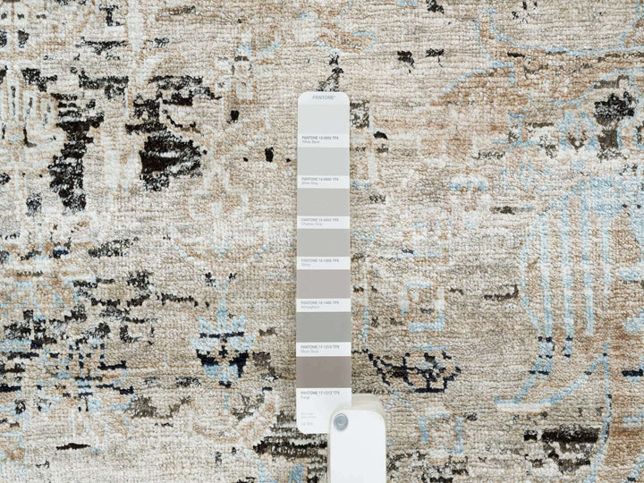 11'9" x 12'3" New Hand Knotted Grey Wool & Silk Square Oriental Rug - MOA10265689