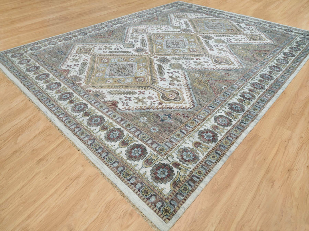 13'8" x 17'9" New Hand Knotted Ivory Wool Rectangle Oriental Rug - MOA10265817