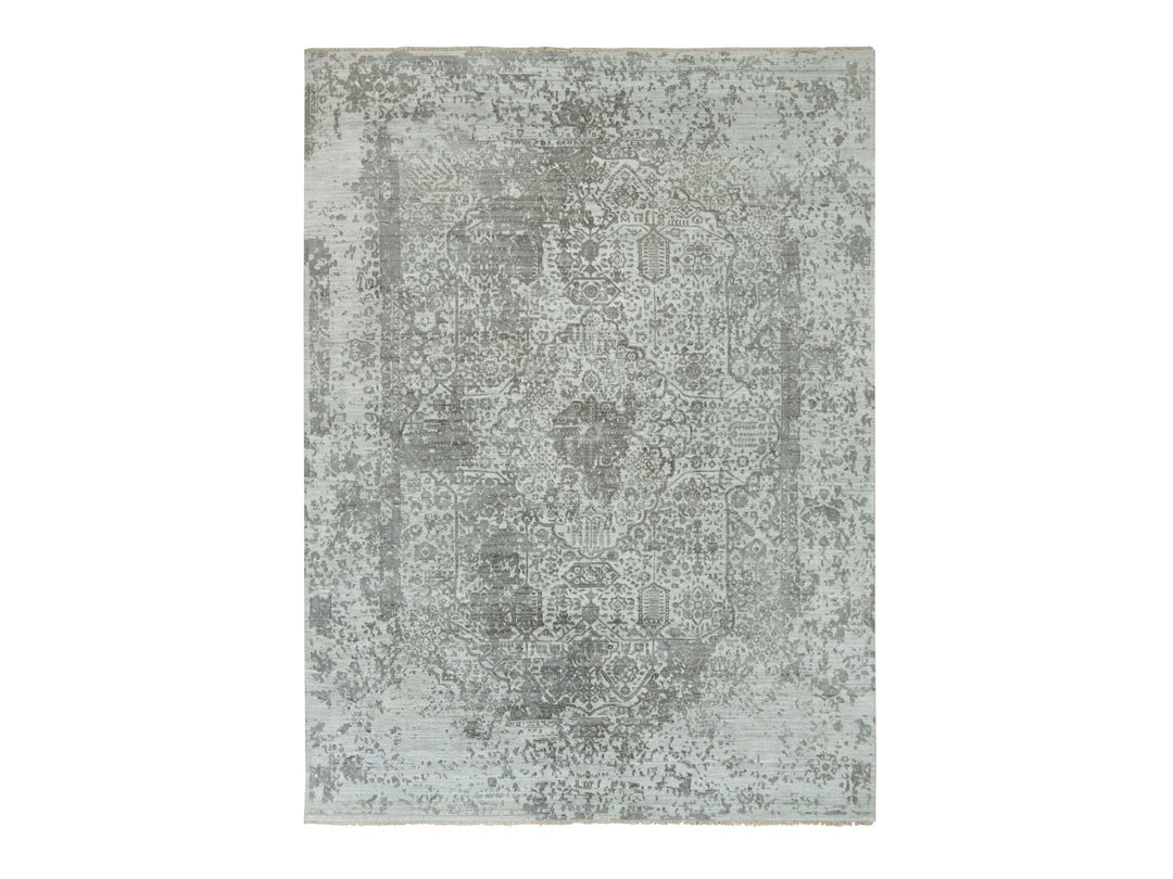 8'11" x 11'11" New Hand Knotted Grey Wool & Silk Rectangle Oriental Rug - MOA10265873