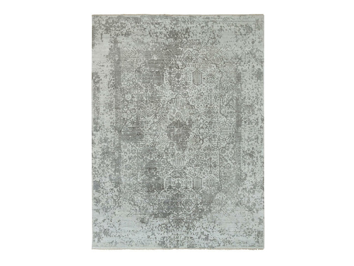 8'11" x 11'11" New Hand Knotted Grey Wool & Silk Rectangle Oriental Rug - MOA10265873