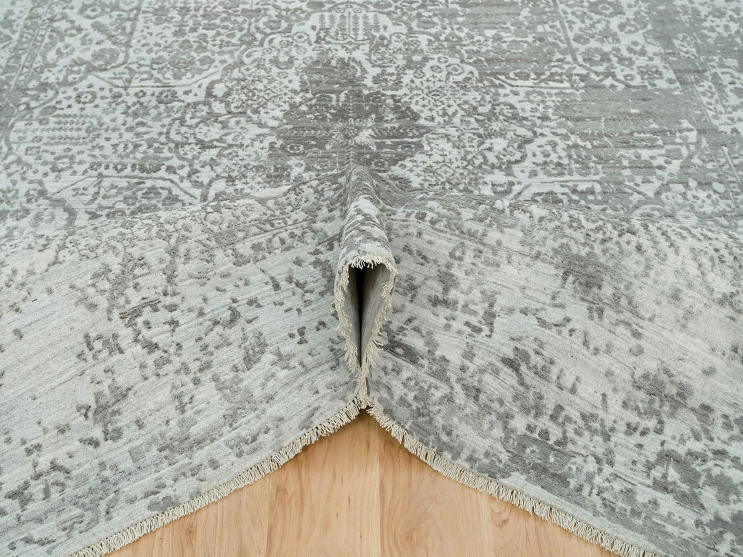 8'11" x 11'11" New Hand Knotted Grey Wool & Silk Rectangle Oriental Rug - MOA10265873