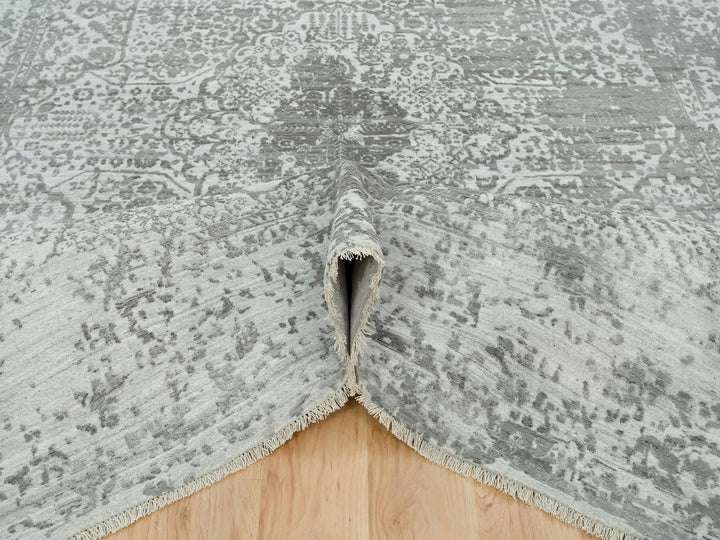 8'11" x 11'11" New Hand Knotted Grey Wool & Silk Rectangle Oriental Rug - MOA10265873