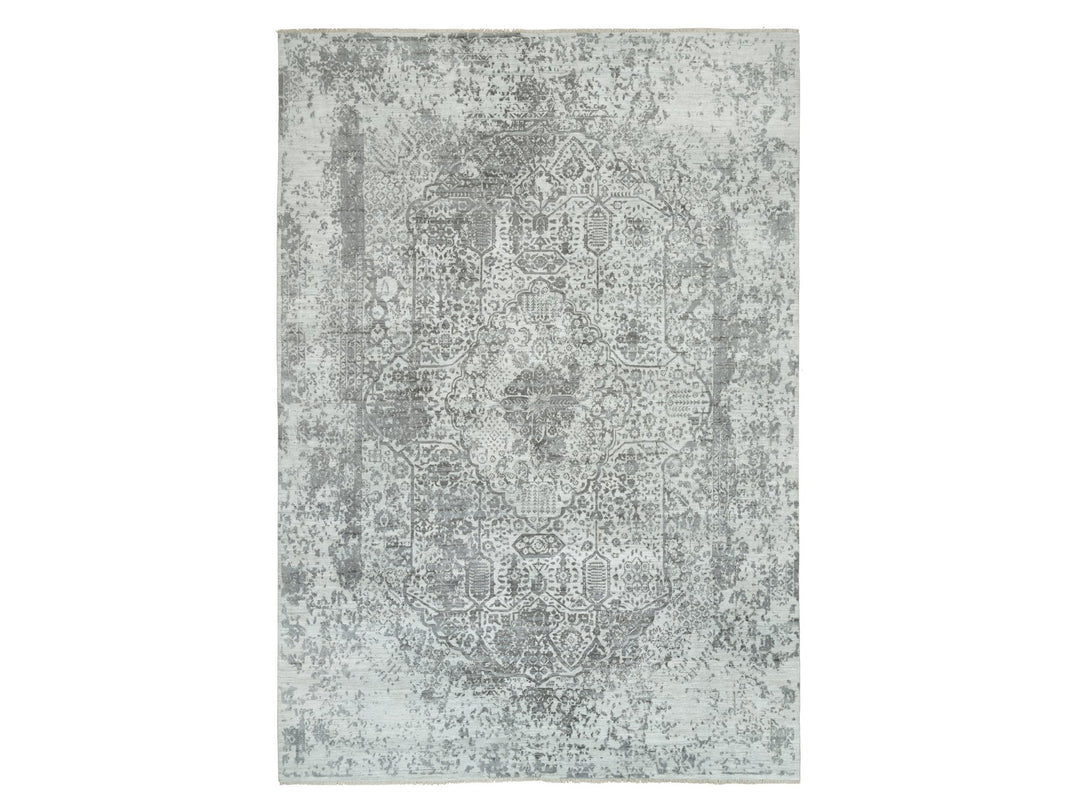 9'11" x 14'0" New Hand Knotted Grey Wool & Silk Rectangle Oriental Rug - MOA10265874