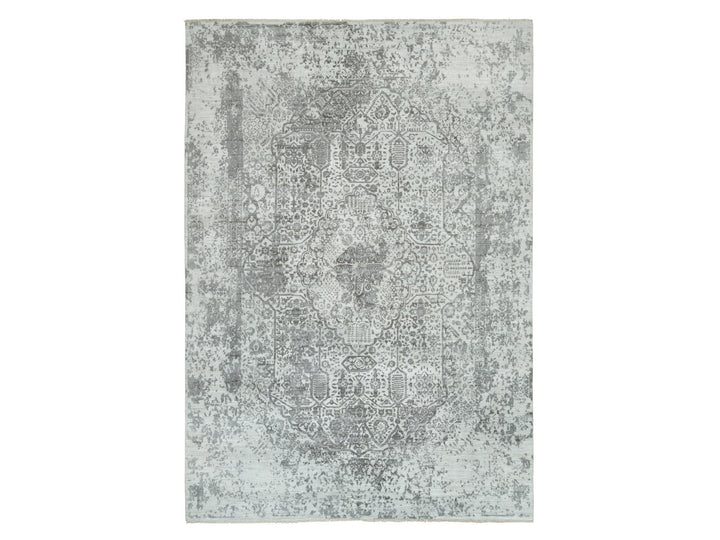 9'11" x 14'0" New Hand Knotted Grey Wool & Silk Rectangle Oriental Rug - MOA10265874