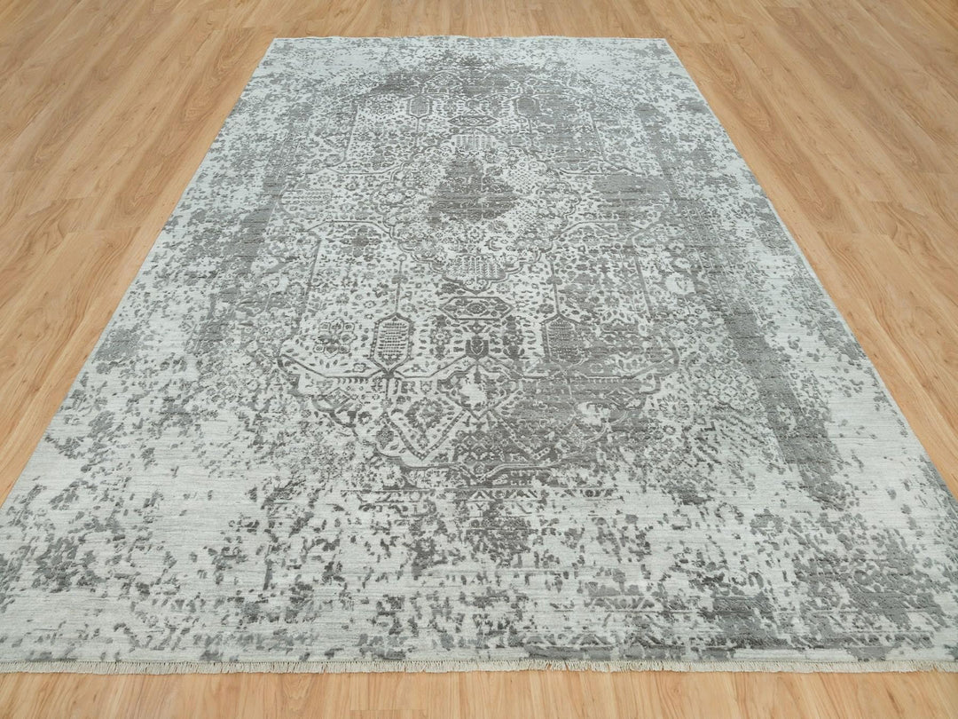 9'11" x 14'0" New Hand Knotted Grey Wool & Silk Rectangle Oriental Rug - MOA10265874