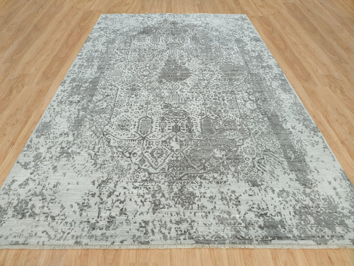 9'11" x 14'0" New Hand Knotted Grey Wool & Silk Rectangle Oriental Rug - MOA10265874