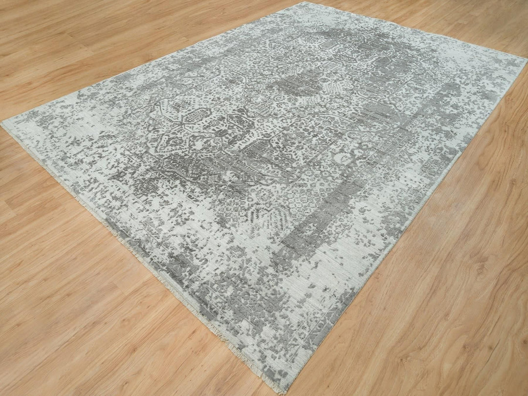 9'11" x 14'0" New Hand Knotted Grey Wool & Silk Rectangle Oriental Rug - MOA10265874