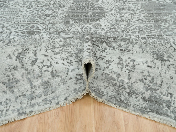 9'11" x 14'0" New Hand Knotted Grey Wool & Silk Rectangle Oriental Rug - MOA10265874