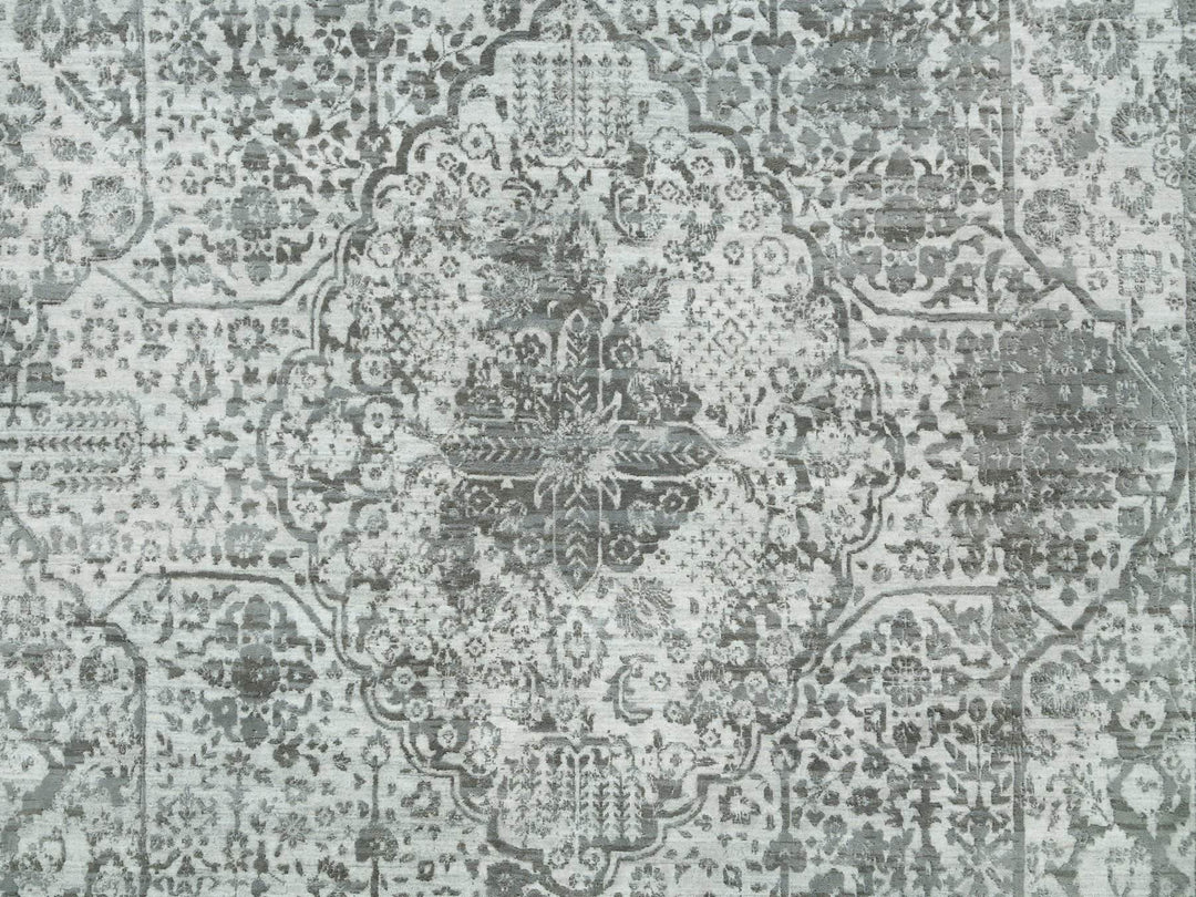9'11" x 14'0" New Hand Knotted Grey Wool & Silk Rectangle Oriental Rug - MOA10265874