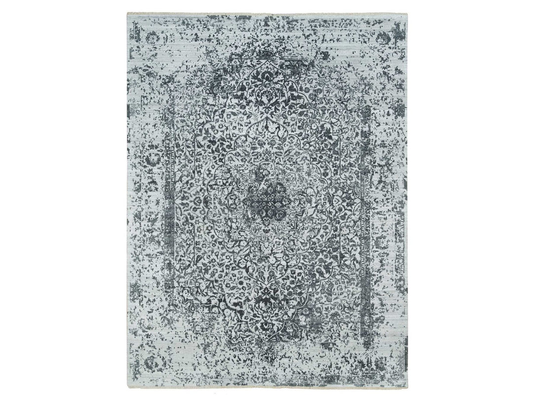 9'0" x 12'2" New Hand Knotted Grey Wool & Silk Rectangle Oriental Rug - MOA10265876