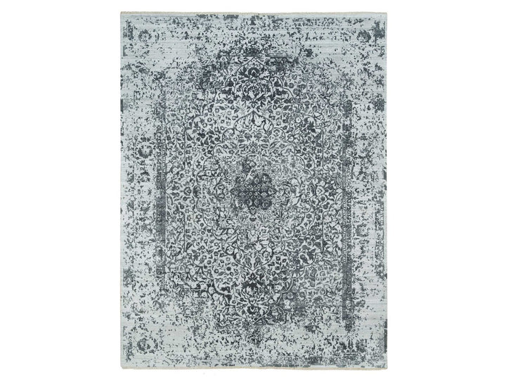 9'0" x 12'2" New Hand Knotted Grey Wool & Silk Rectangle Oriental Rug - MOA10265876