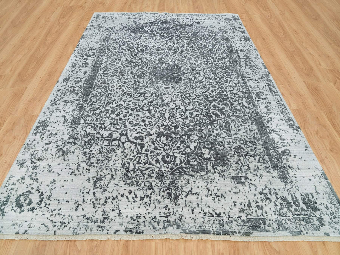 9'0" x 12'2" New Hand Knotted Grey Wool & Silk Rectangle Oriental Rug - MOA10265876