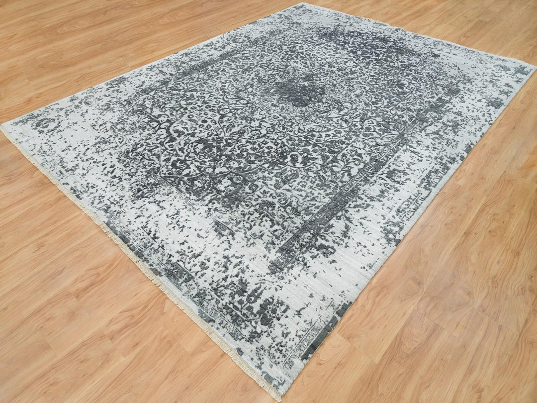 9'0" x 12'2" New Hand Knotted Grey Wool & Silk Rectangle Oriental Rug - MOA10265876