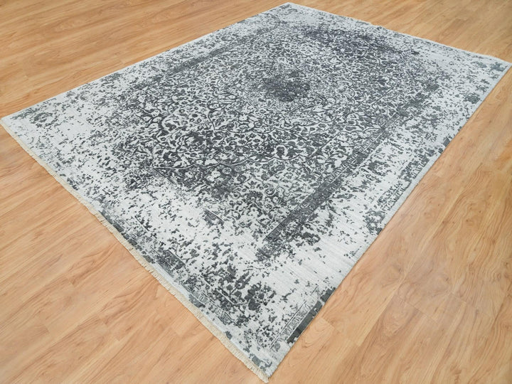 9'0" x 12'2" New Hand Knotted Grey Wool & Silk Rectangle Oriental Rug - MOA10265876