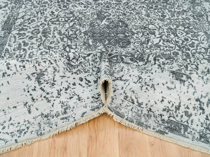 9'0" x 12'2" New Hand Knotted Grey Wool & Silk Rectangle Oriental Rug - MOA10265876