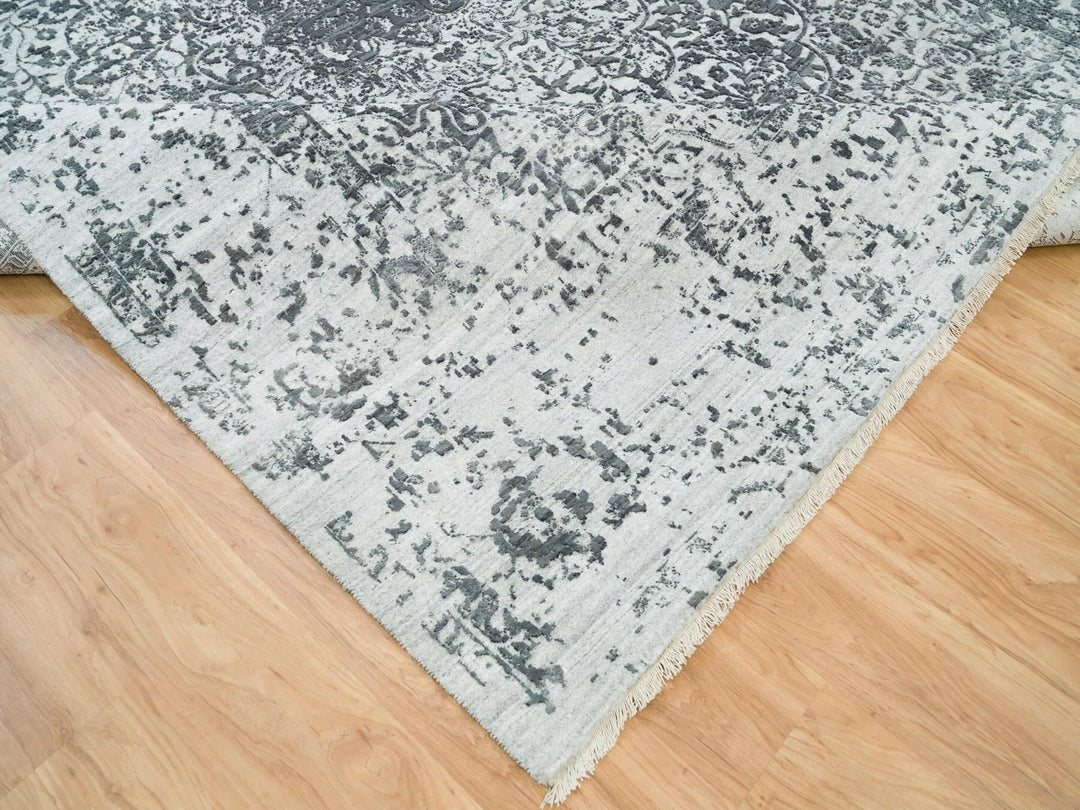 9'0" x 12'2" New Hand Knotted Grey Wool & Silk Rectangle Oriental Rug - MOA10265876