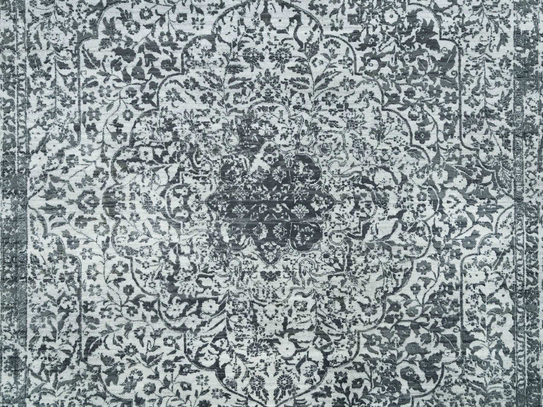 9'0" x 12'2" New Hand Knotted Grey Wool & Silk Rectangle Oriental Rug - MOA10265876