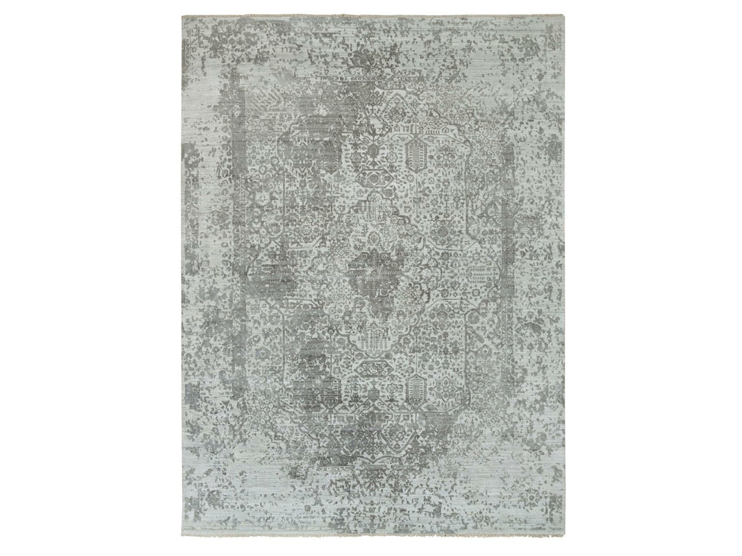 8'11" x 12'1" New Hand Knotted Grey Wool & Silk Rectangle Oriental Rug - MOA10265877