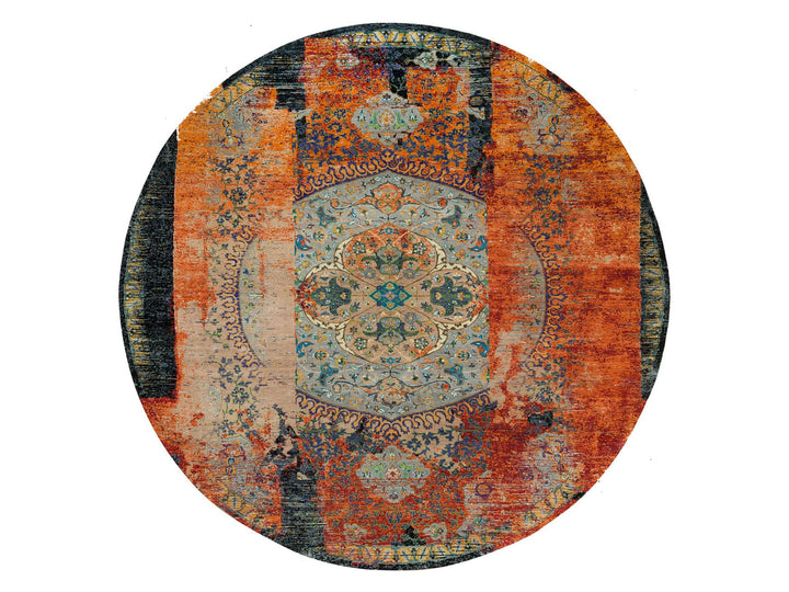 12'1" x 12'1" New Hand Knotted Orange Wool Round Oriental Rug - MOA10265900