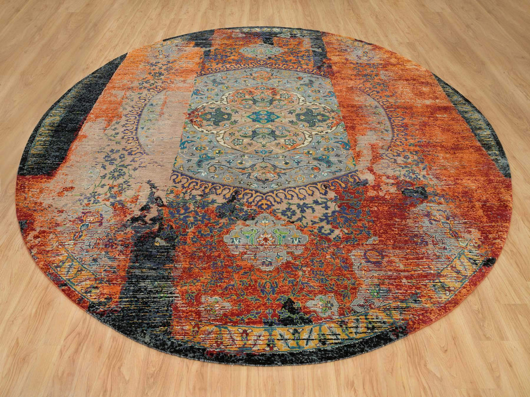 12'1" x 12'1" New Hand Knotted Orange Wool Round Oriental Rug - MOA10265900