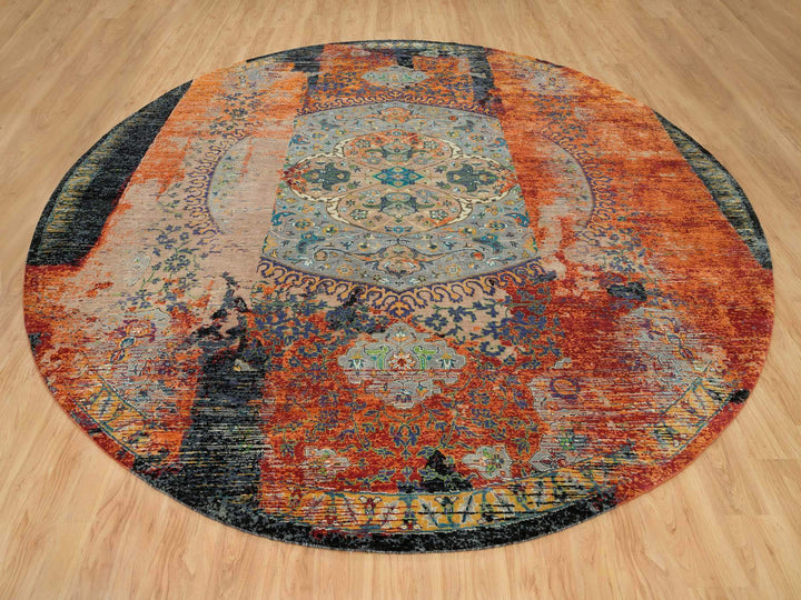 12'1" x 12'1" New Hand Knotted Orange Wool Round Oriental Rug - MOA10265900