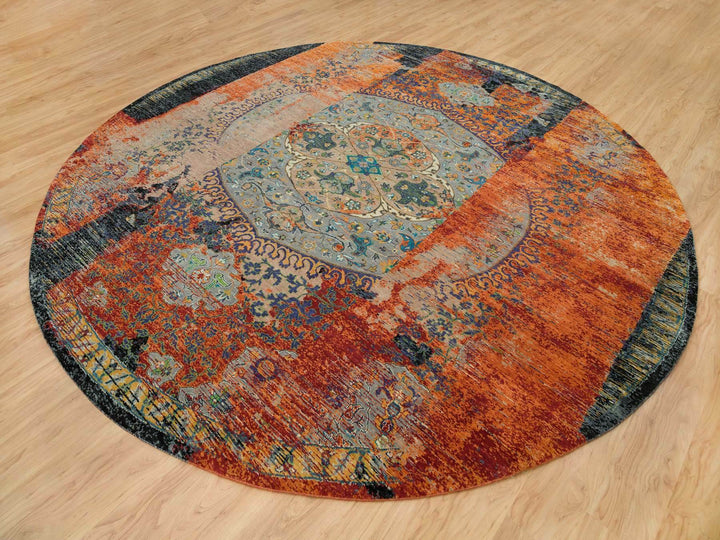 12'1" x 12'1" New Hand Knotted Orange Wool Round Oriental Rug - MOA10265900