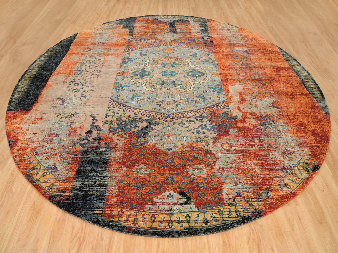 14'0" x 14'0" New Hand Knotted Orange Wool Round Oriental Rug - MOA10265925