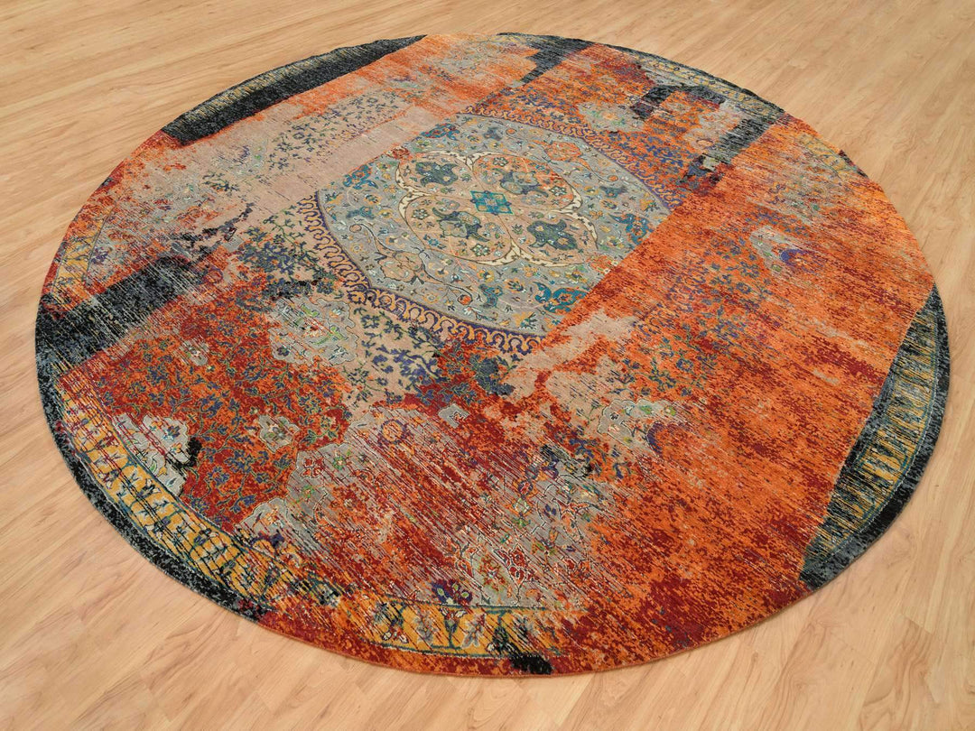 14'0" x 14'0" New Hand Knotted Orange Wool Round Oriental Rug - MOA10265925