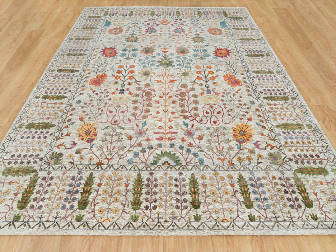 12'1" x 15'4" New Hand Knotted Brown Wool & Silk Rectangle Oriental Rug - MOA10265936