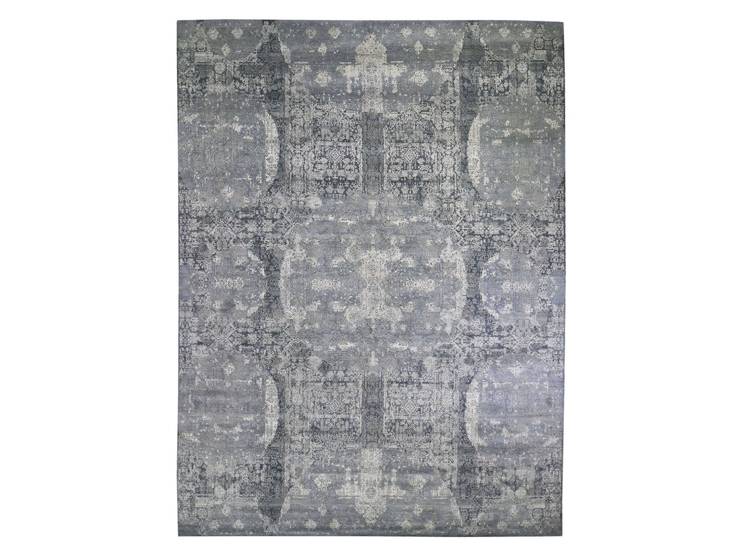 12'0" x 15'1" New Hand Knotted Grey Wool & Pure Silk Rectangle Oriental Rug - MOA10266364