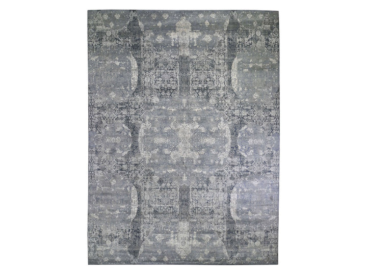 12'0" x 15'1" New Hand Knotted Grey Wool & Pure Silk Rectangle Oriental Rug - MOA10266364