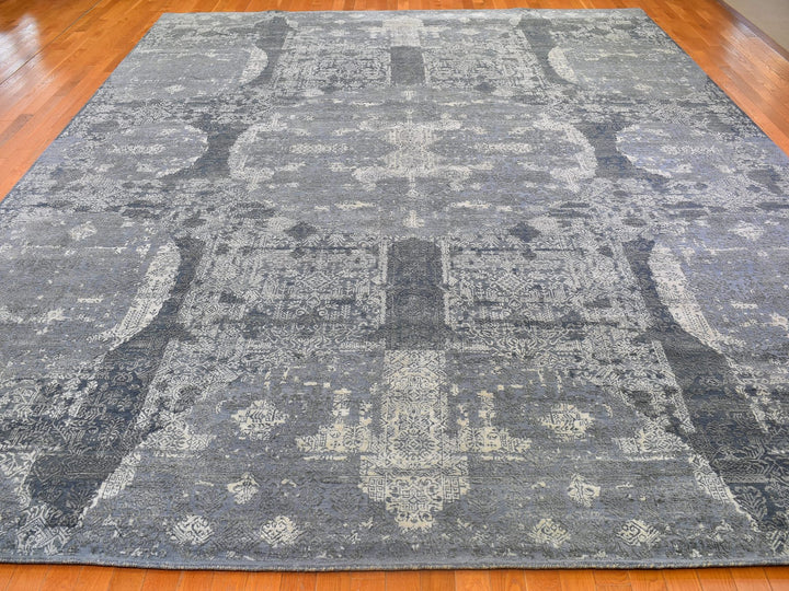 12'0" x 15'1" New Hand Knotted Grey Wool & Pure Silk Rectangle Oriental Rug - MOA10266364